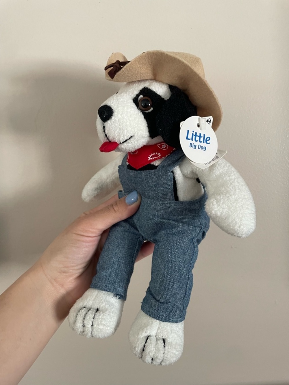 NWT Little Big Dog Plush Toy Sound Buddy White & Black Puppy in Denim Overalls